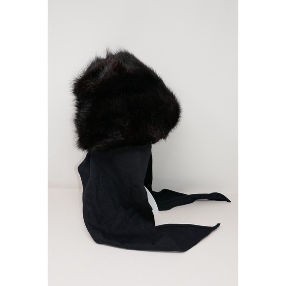 Canadian Hat Mfg Co 1980's Black Muskrat Fur Hat with Wool Scarf Ties - Picture 2 of 9